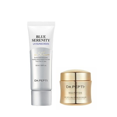 Kem chống nắng phổ rộng chống ánh sáng xanh Dr.Pepti Blue Serenity Uv Sunscreen + Kem dưỡng tinh chất vàng 24K chống lão hóa, làm mờ nếp nhăn Dr.Pepti+ Silk Peptide 88 Cream EX